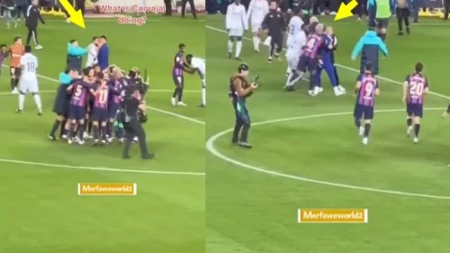 اشتباك لاعبي برشلونة وريال مدريد على ملعب الكامب نو بعد نهاية الكلاسيكو